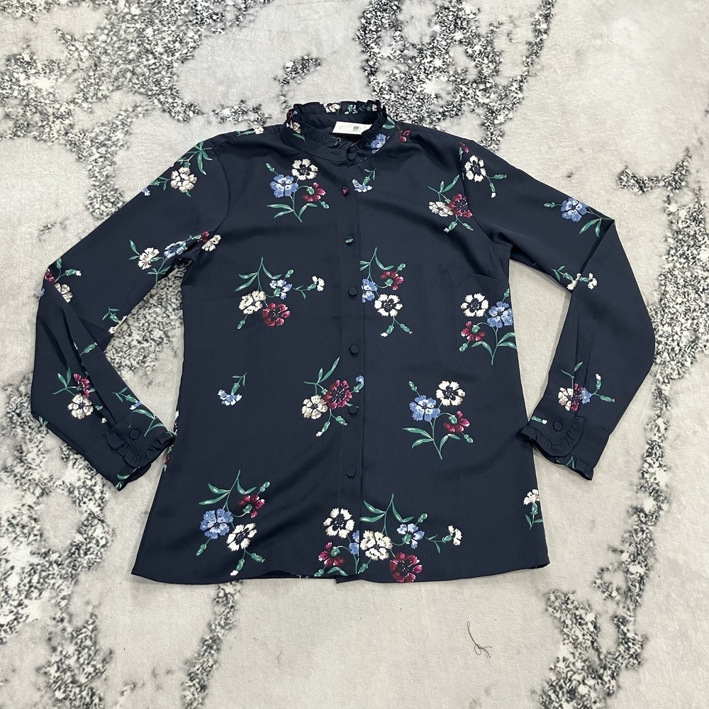 Ann Taylor Factory XS Navy Floral Blouse Long Sleeve Button Front Mock Neck NWT‎